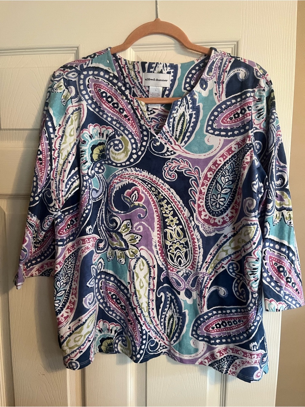 Alfred Dunner Navy Paisley V-Neck Tunic with Pastel Accents